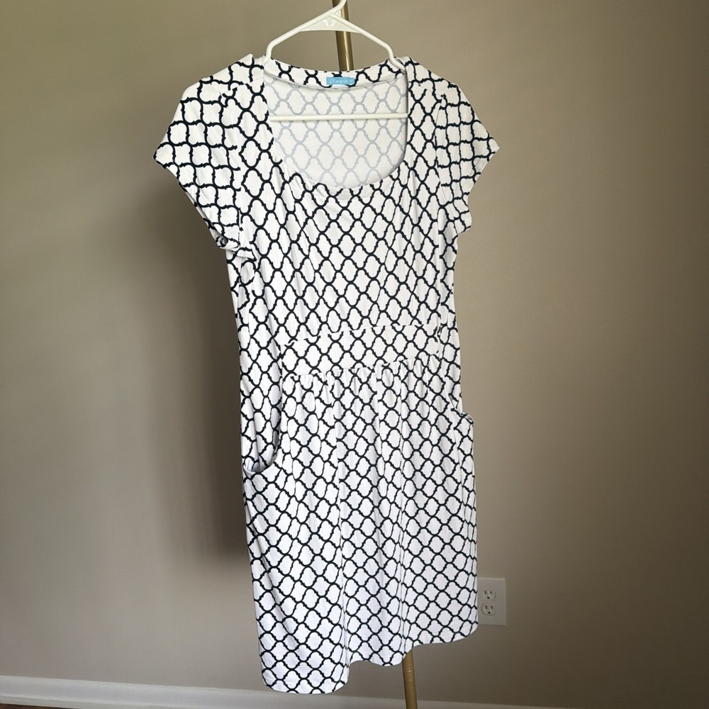 J McLaughlin Sheath Dress Women's M Catalina Cloth Stretch White Blue FLAW